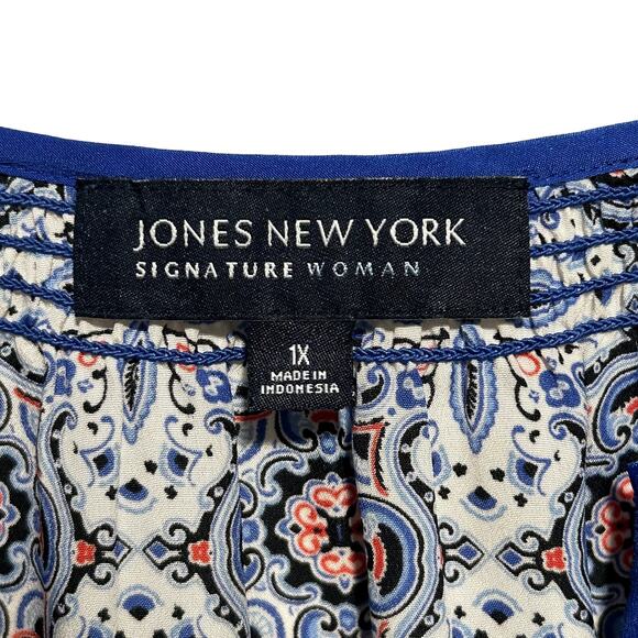 JONES NEW YORK Signature Woman Top 1X Boho Blouse Printed Peasant Popover - Picture 2 of 7